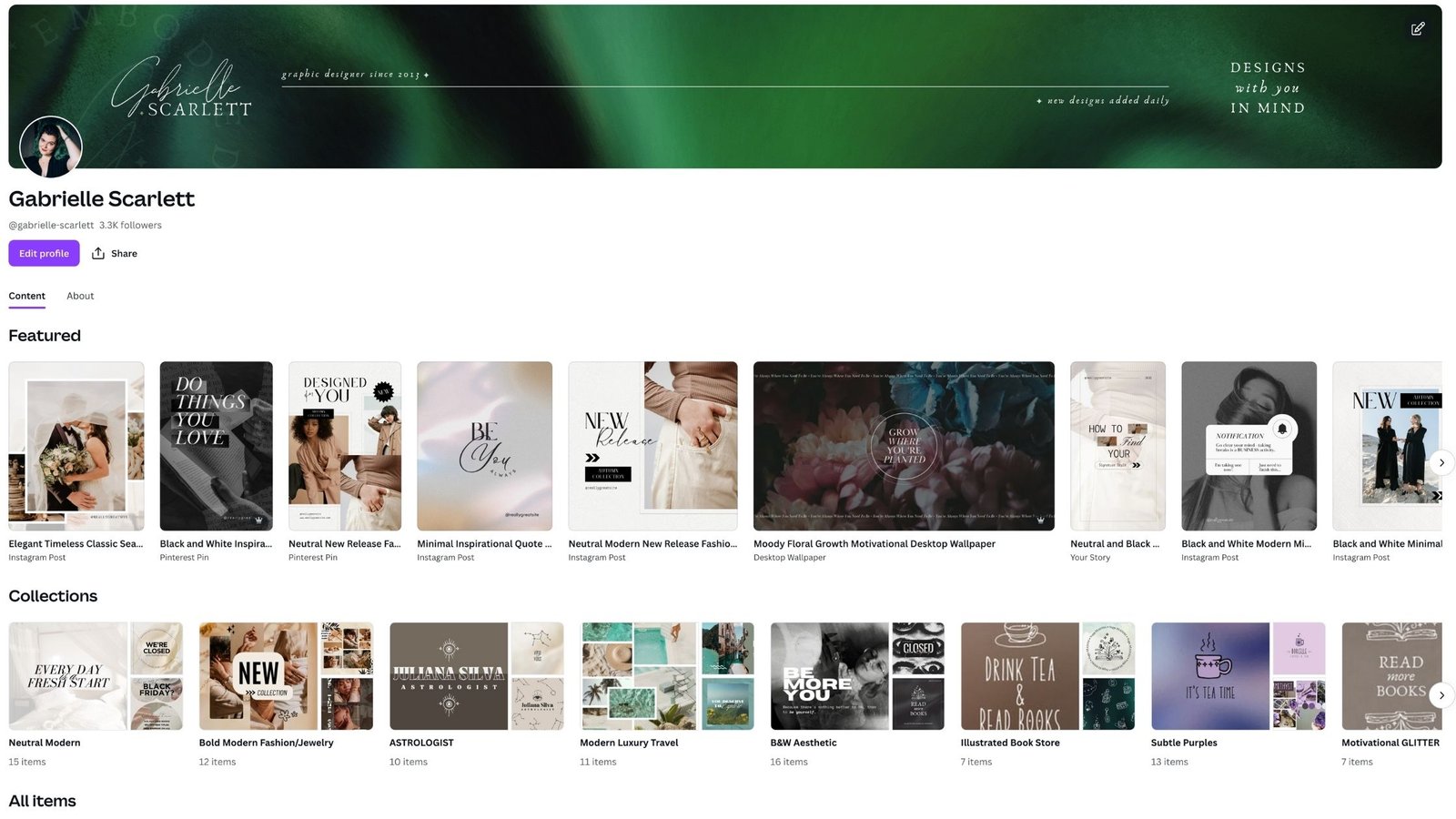 Gabrielle Scarlett's Canva Template profile with library options
